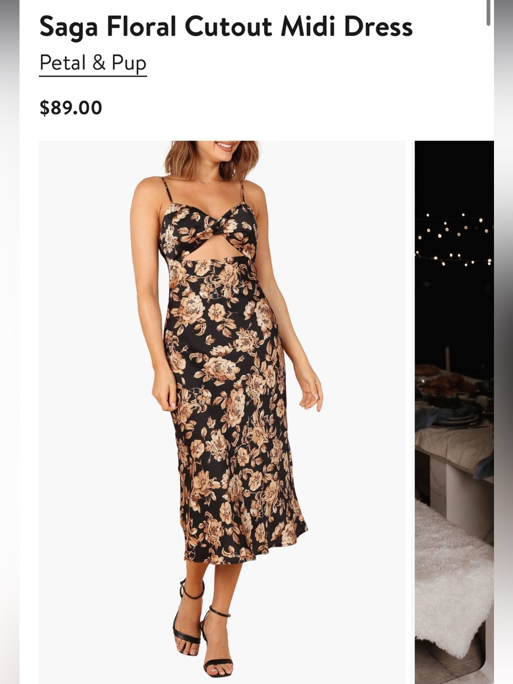Petal & Pup “Saga Floral Cutout Midi Dress” – Black Floral 🌸 size small